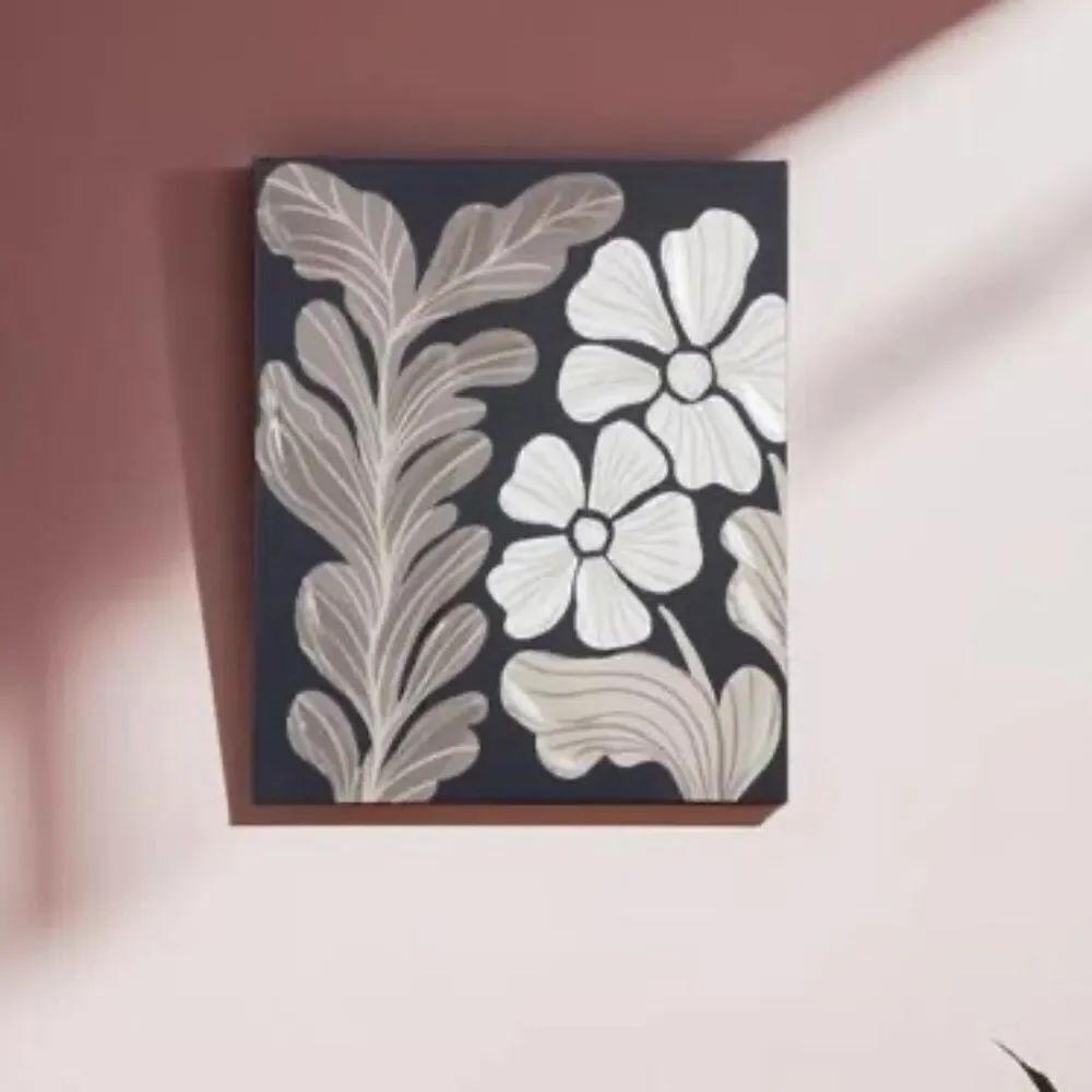 Canvas Wrapped Black Floral Wall Art with Acrylic Hand Painted Texture Modern